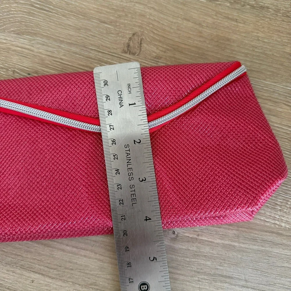 Lancome Paris Pink Textured Woven Cosmetic Makeup Bag Asymmetric Zip‎ Pouch